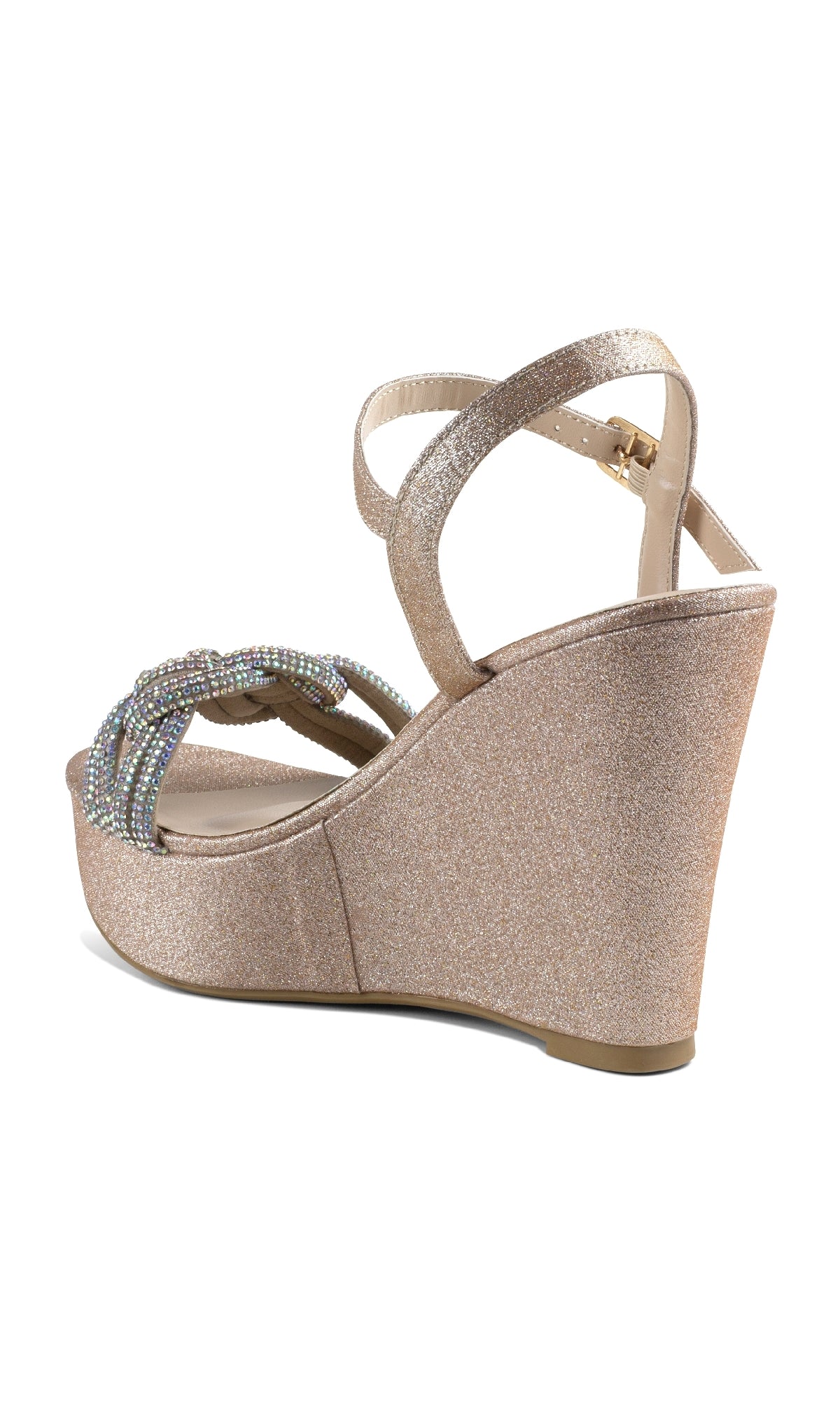 The Gemini Champagne Glitter Prom Shoes (Touch Ups 4650) feature sparkling glitter, jeweled straps, a wedge heel, and multicolored beaded front accents—perfect for a glamorous look.